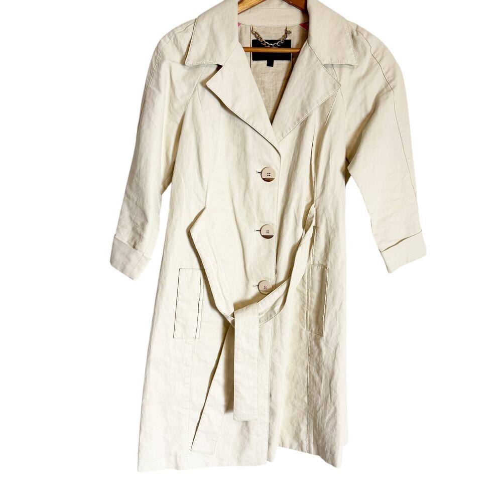 Elisabetta Franchi Beige Linen l Belted Button Front Midi Trench Coat 8